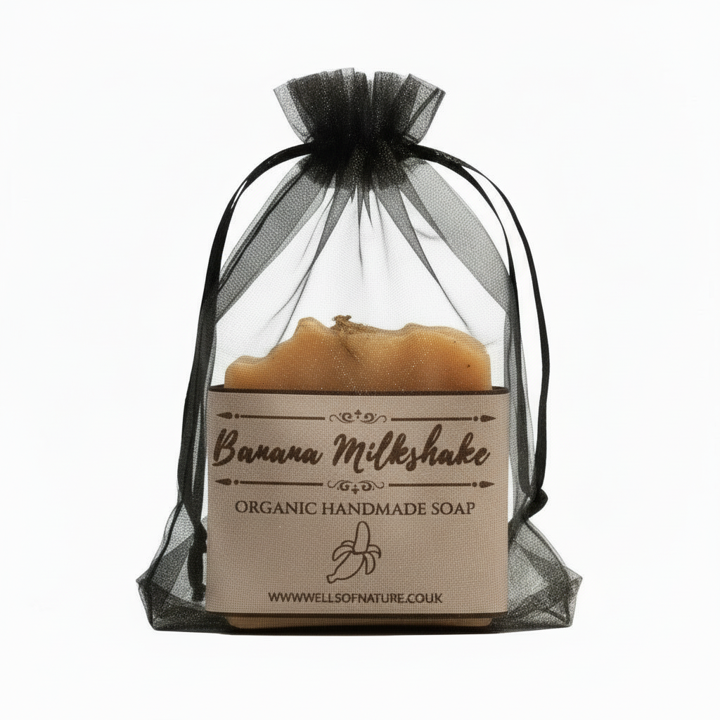 Banana milkshake soap in black mesh bag