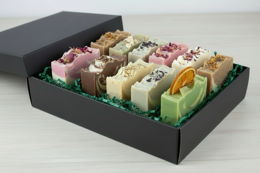 Black gift box with half-embedded orange slice