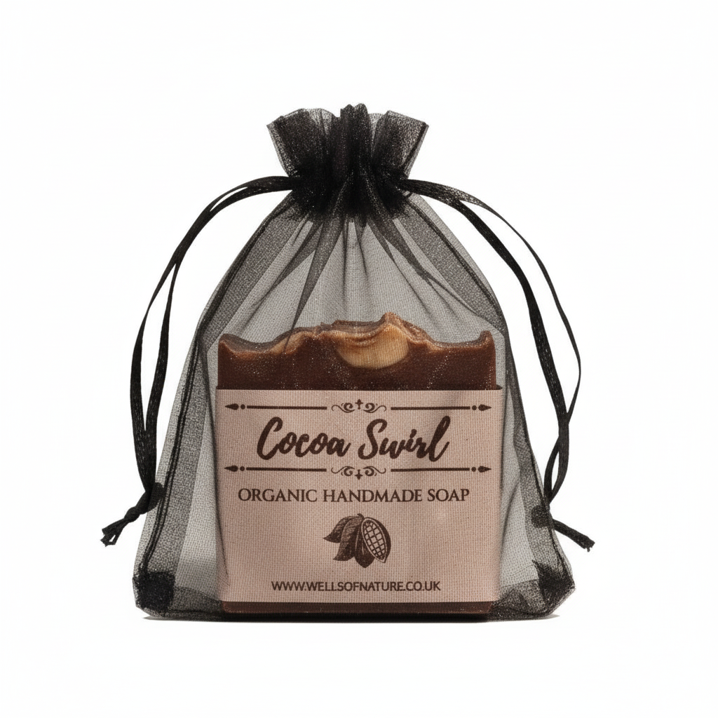 Cocoa swirl soap in black mesh bag