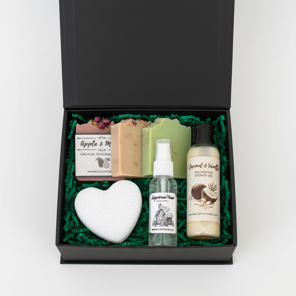Compact deluxe black gift box with 3 soaps, shower gel, room spray and heart sponge