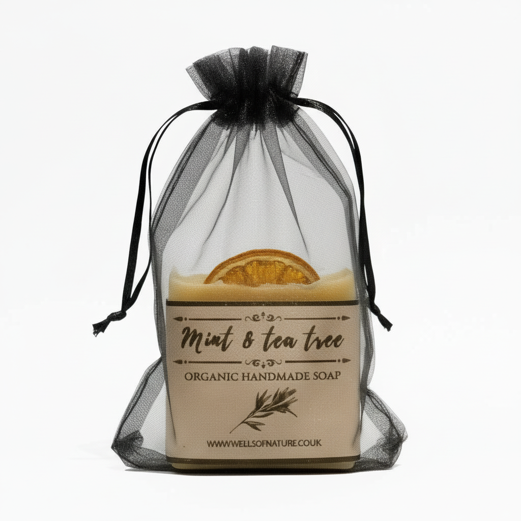 Mint & tea tree soap in black mesh bag