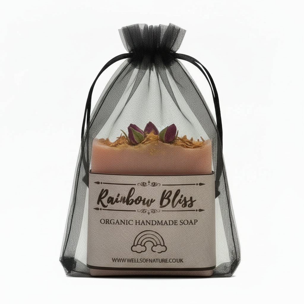 Rainbow Bliss soap in black mesh bag