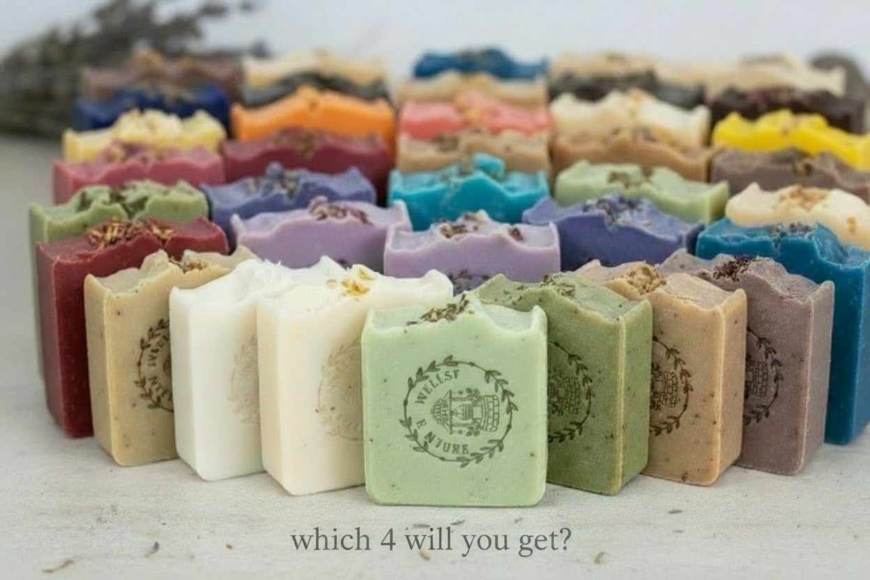 Soaps with corrected Wells of Nature text on central soap
