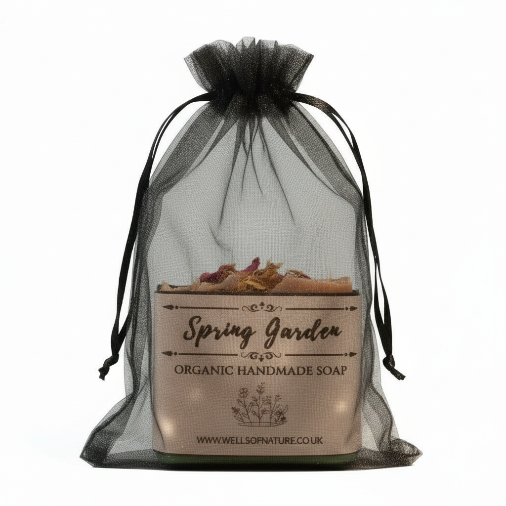 Spring garden soap in black mesh bag